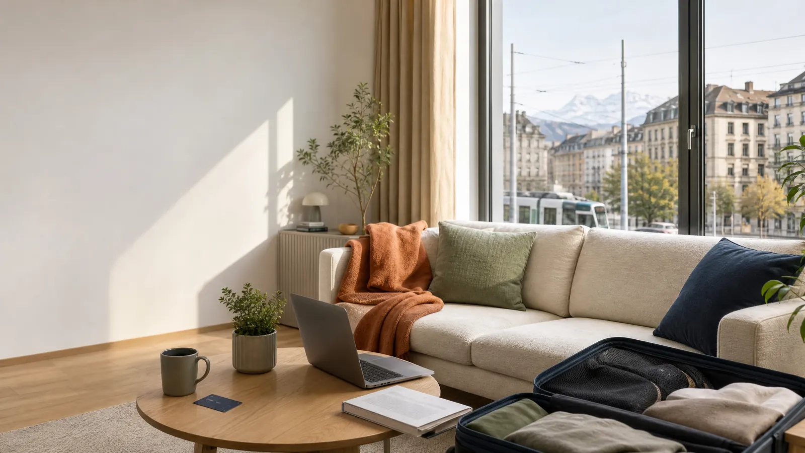 Helles möbliertes Apartment mit Laptop, Koffer und Schweizer Stadtblick